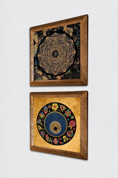 Pinecone Sri Yantra, Evil Eye Stone Wall Painting with Wooden Frame Wall Decor Set of 2 Painting Wall Art -W2-416-