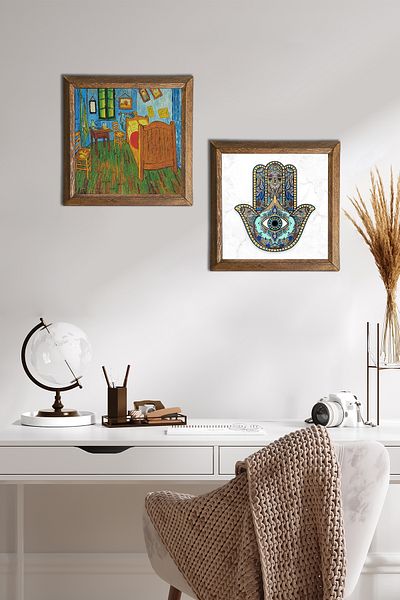 Pinecone Van Gogh Bedroom, Fatma Mother Hand (Hamsa) Stone Wall Painting Wood Framed Wall Decor -W2-74-