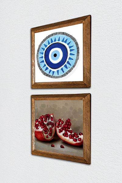 Pinecone Evil Eye, Pomegranate Stone Wall Painting Wooden Framed Wall Decor 2 Piece Painting Set Wall Art -W2-340-