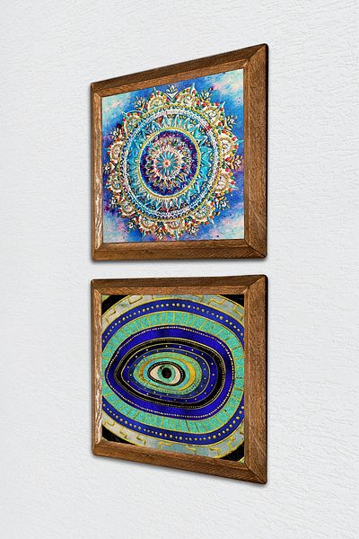 Pinecone Mandala, Piatra cu ochi rău Pictură pe perete cu cadru din lemn Decor de perete Set de pictură din 2 piese Artă de perete -W2-562-