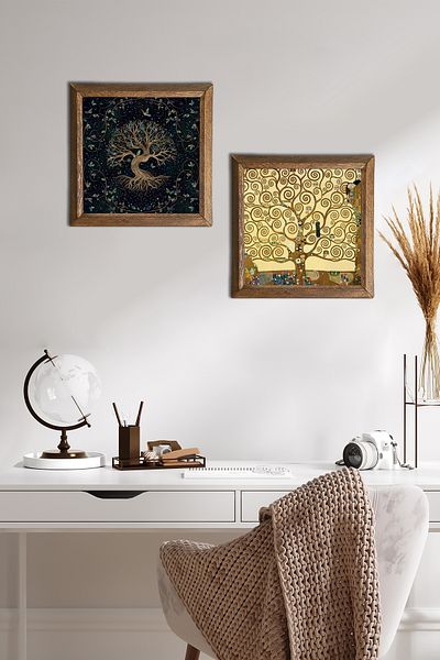 Pinecone Arborele vieții Pictură pe perete din piatră Decor de perete cu rame din lemn Set de pictură din 2 piese Artă de perete -W2-352-