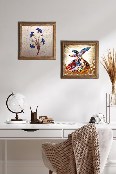 Pinecone Ebru Art, Pictură pe perete din piatră de marmură Decor de perete cu rame din lemn Set de pictură din 2 piese -W2-633-