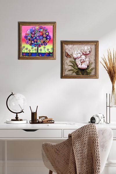 Pinecone Flower with Butterfly, Tree of Life Stone Wall Painting Wooden Framed Wall Decor Set of 2 Painting -W2-611-