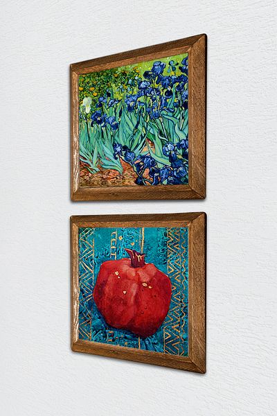 Pinecone Van Gogh Irisuri, pictură pe perete din piatră de rodie cu cadru din lemn Decor de perete Set de pictură din 2 piese -W2-100-