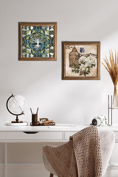 Pinecone Arborele vieții, fluture, flori, pictură pe perete din piatră, decor de perete cu rame din lemn, set de 2 picturi -W2-295-