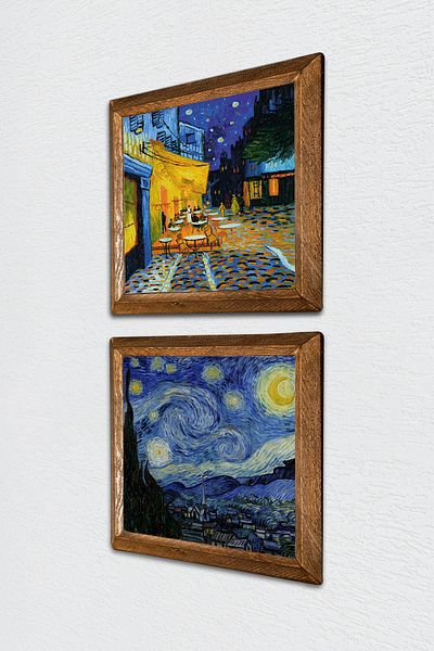 Pinecone Van Gogh Cafe Terrace at Night, Starry Night Stone Wall Painting Wall Decor with Wood Frame -W2-381-