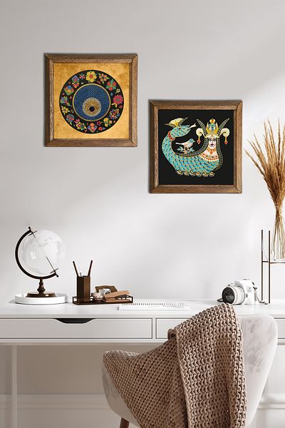 Pinecone Evil Eye, Shahmeran Stone Wall Painting with Wooden Frame Wall Decor 2 Piece Painting Set Wall Art -W2-241-