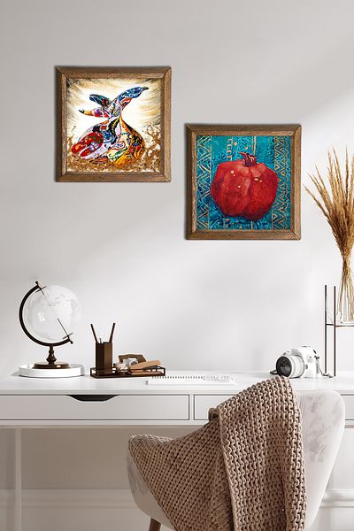 Pinecone Whirling Dervish, Pomegranate Stone Wall Painting with Wooden Frame Wall Decor 2 Piece Painting Set Wall Art -W2-672-