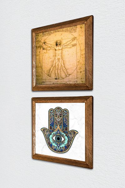 Pinecone Leonardo Da Vinci Vitruvian Man, Fatma Mother Hand Stone Wall Painting Framed Wall Decor -W2-09-