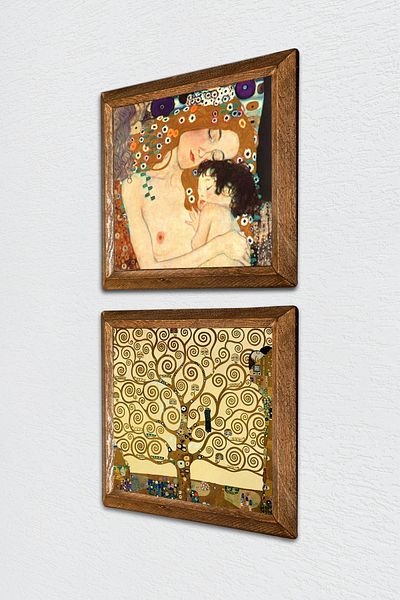 Pinecone Gustav Klimt Mamă Copil, Arborele Vieții Pictură pe perete din piatră Decor de perete cu rame din lemn -W2-344-