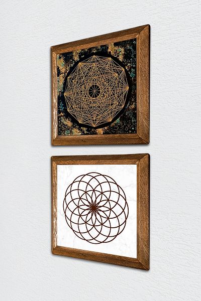 Pinecone Sri Yantra, Flower of Life Πέτρινη Ζωγραφική Τοίχου με Ξύλινο Πλαίσιο Διακόσμηση Τοίχου 2 τεμαχίων Σετ ζωγραφικής -W2-490-
