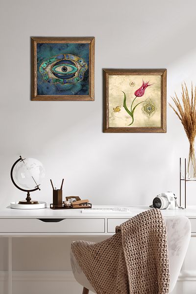 Pinecone Evil Eye, Lalele Pictură pe perete din piatră Decor de perete cu rame din lemn Set de pictură din 2 piese Artă de perete -W2-699-