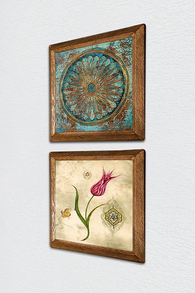 Pinecone Flower of Life, Tulip Stone Wall Painting Wood Framed Wall Decor Set of 2 Painting Wall Art -W2-694-