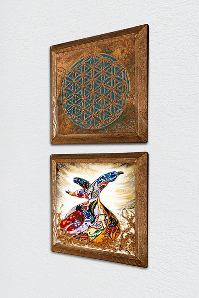 Pinecone Floarea vieții, pictură pe perete din piatră de stăpârțit, decor de perete cu rame din lemn, set de pictură din 2 piese -W2-637-