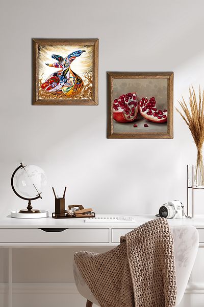 Pinecone Violet, pictură pe perete cu piatră de rodie, decor de perete cu rame din lemn, set de pictură din 2 piese, artă de perete -W2-726-