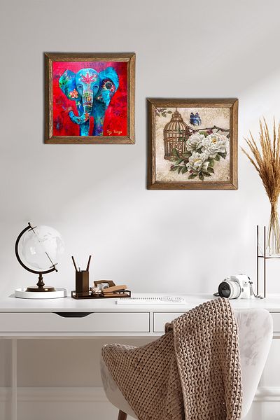 Pinecone Elephant, Butterfly Flower Stone Wall Painting with Wooden Frame Wall Decor 2 Piece Painting Set -W2-293-