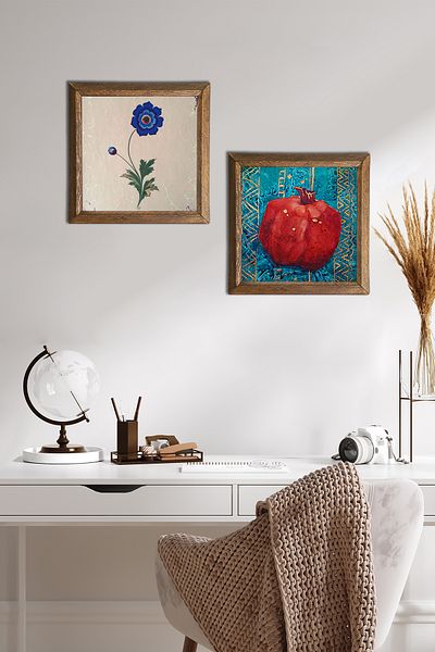 Pinecone Marbling Art, Pomegranate Stone Wall Painting with Wooden Frame Wall Decor 2 Piece Painting Set Wall Art -W2-112-