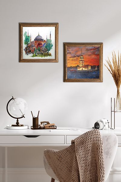 Pinecone Istanbul Hagia Sophia, Maiden's Tower Stone Wall Painting Wooden Framed Wall Decor Set of 2 -W2-688-