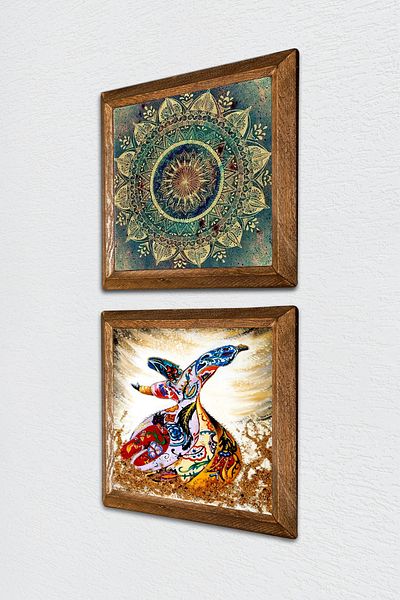 Pinecone Mandala, pictură pe perete cu piatră de stăpâne Decor de perete cu rame din lemn Set de pictură din 2 piese Artă de perete -W2-631-