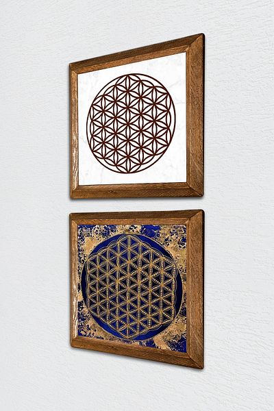 Pinecone Floarea vieții Pictură pe perete din piatră Decor de perete cu rame din lemn Set de pictură din 2 piese Artă de perete -W2-447-