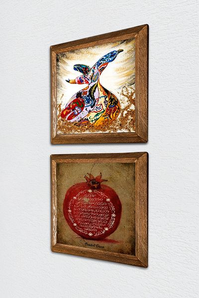 Pinecone Fertility Prayer, Whirling Dervish Stone Wall Painting Wooden Framed Wall Decor 2 Piece Painting Set -W2-613-