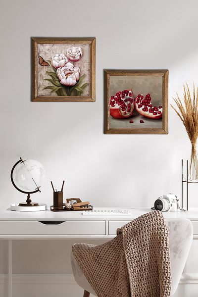 Pinecone Flower with Butterfly, Pomegranate Stone Wall Painting with Wooden Frame Wall Decor 2 Piece Painting Set -W2-732-