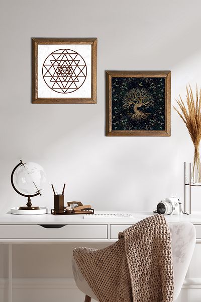 Pinecone Sri Yantra, Δέντρο της Ζωής Πέτρινη Ζωγραφική Τοίχου με Ξύλινο Πλαίσιο Διακόσμηση Τοίχου 2 τεμαχίων Σετ ζωγραφικής -W2-429-