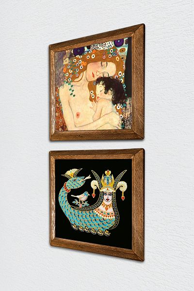 Pinecone Gustav Klimt Mother Child, Shahmeran Stone Wall Painting with Wooden Frame Wall Decor 2 Piece Painting -W2-232-