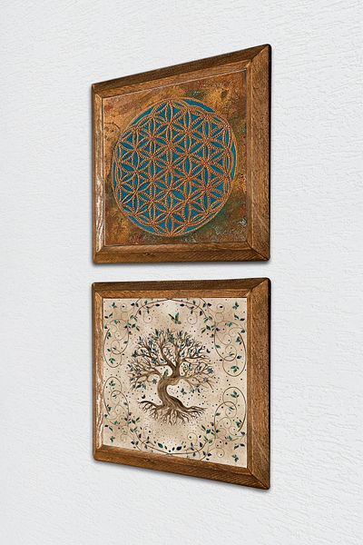 Pinecone Flower of Life, Tree of Life Stone Wall Painting Wood Framed Wall Decor 2 Piece Table Set -W2-226-
