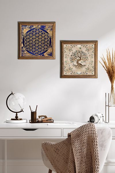 Pinecone Flower of Life, Tree of Life Stone Wall Painting Wood Framed Wall Decor 2 Piece Table Set -W2-204-