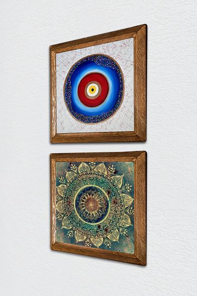 Pinecone Evil Eye, Mandala Stone Wall Painting with Wooden Frame Wall Decor 2 Piece Painting Set Wall Art -W2-588-
