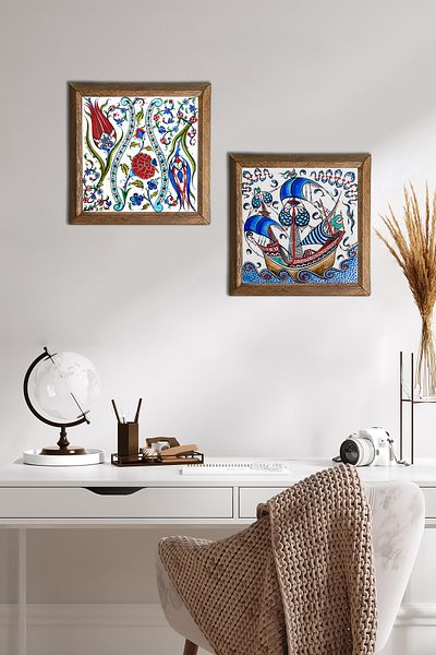 Pinecone Navă cu pânze Tile Art, pictură murală din piatră de lalele, decor de perete cu rame din lemn, set de 2 picturi -W2-506-