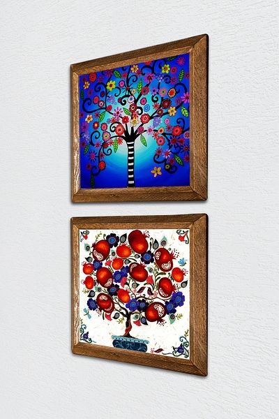 Pinecone Arborele vieții, pictură pe perete din piatră de pom de rodie, decor de perete cu rame din lemn, set de pictură din 2 piese -W2-644-