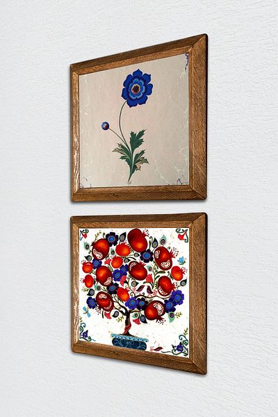 Pinecone Marbling Art, Pomegranate Tree Stone Wall Painting with Wooden Frame Wall Decor 2 Piece Painting Set -W2-161-