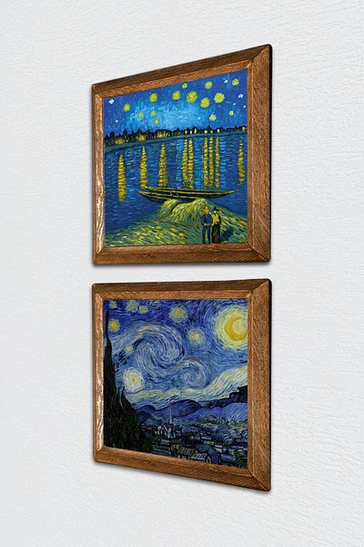 Pinecone Van Gogh River Rhine, Starry Night Stone Wall Painting Ξύλινο πλαίσιο Διακόσμηση τοίχου 2 Πίνακες -W2-383-