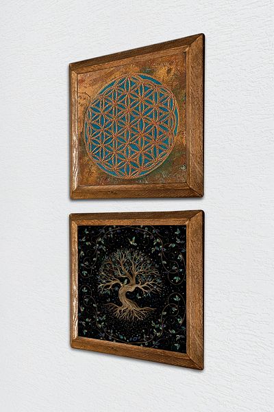Pinecone Flower of Life, Tree of Life Stone Wall Painting Wood Framed Wall Decor 2 Piece Painting Set -W2-445-