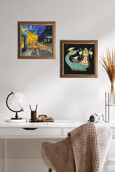 Pinecone Van Gogh Cafe Terrace at Night, Shahmeran Stone Wall Painting Wood Framed Wall Decor -W2-280-