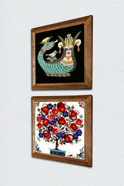 Pinecone Şahmeran, Ζωγραφική σε Πέτρα Τοίχου Ρόδι Διακόσμηση Τοίχου με Ξύλινο Πλαίσιο Σετ Ζωγραφικής 2 τεμαχίων Wall Art -W2-144-