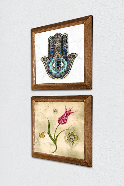 Pinecone Lalea, Fatma Ana Hand (Hamsa) Pictură pe perete din piatră Decor de perete cu rame din lemn Set de 2 picturi -W2-704-