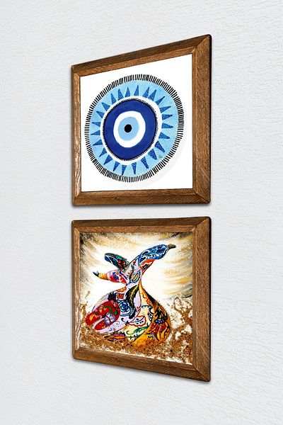 Pinecone Evil Eye, Whirling Dervish Stone Wall Art Wood Framed Wall Decor 2 Piece Table Set Wall Art -W2-636-