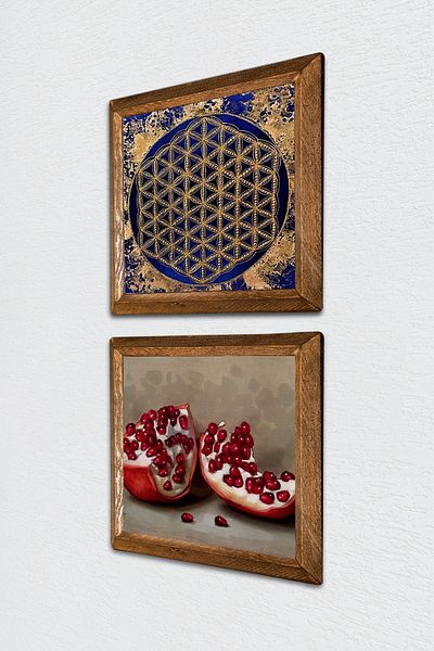 Pinecone Flower of Life, Pomegranate Stone Wall Painting with Wooden Frame Wall Decor Set of 2 Painting Wall Art -W2-748-
