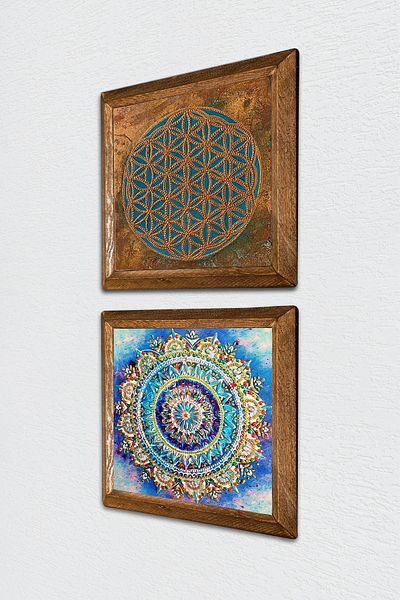 Pinecone Floarea vieții, Mandala Pictură pe perete din piatră Decor de perete cu rame din lemn Set de pictură 2 piese -W2-581-