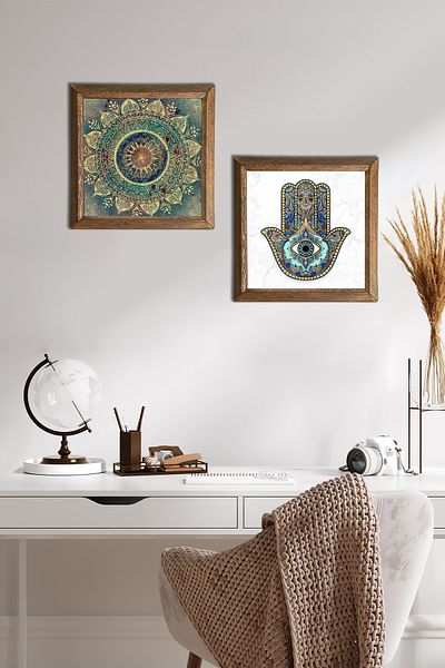 Pinecone Mandala, Mâna Domnii Fatma (Hamsa) Pictură pe perete din piatră Decor de perete cu rame din lemn Pictură din 2 piese -W2-57-