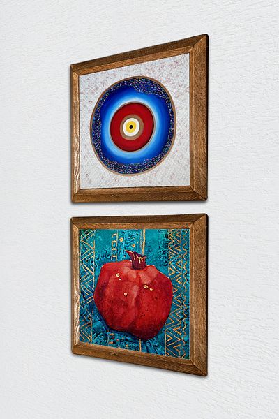 Pinecone Evil Eye, Pomegranate Stone Wall Painting with Wooden Frame Wall Decor 2 Piece Painting Set Wall Art -W2-137-