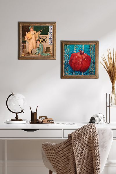 Pinecone Two Musicians Girl Painting, Pomegranate Stone Wall Painting with Wooden Frame Wall Decor Set of 2 Painting -W2-90-