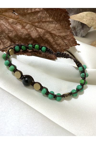 azra takı tasarım Handmade African turquoise, brass, tiger eye, macrame women's bracelet