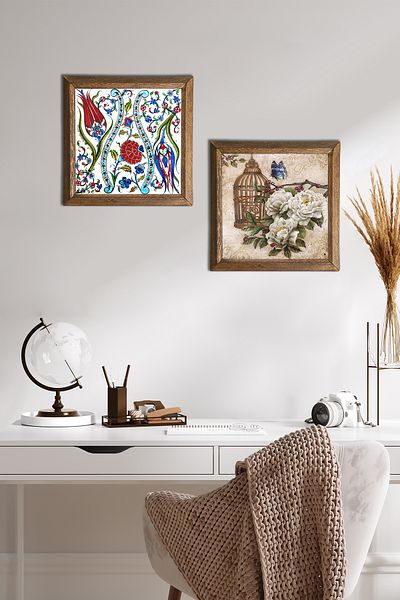 Pinecone Lalea, fluture, flori, pictură pe perete din piatră, decor de perete cu rame din lemn, set de pictură din 2 piese -W2-291-
