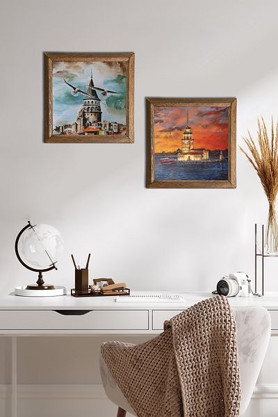 Pinecone Turnul Galata din Istanbul, Turnul Fetei Pictură pe perete din piatră Decor de perete cu rame din lemn Pictură din 2 piese -W2-687-