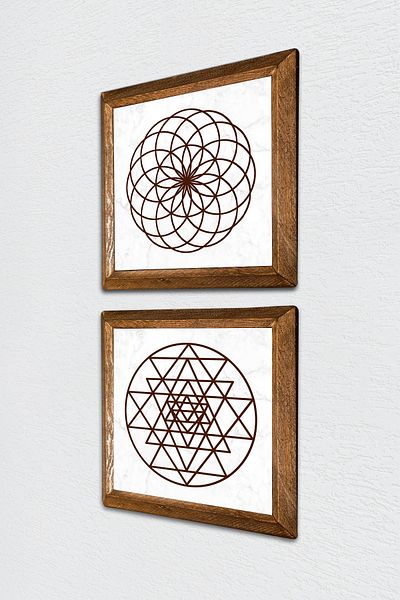 Pinecone Flower of Life, Sri Yantra Stone Wall Painting with Wooden Frame Wall Decor 2 Piece Painting Set -W2-466-