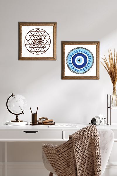 Pinecone Evil Eye, Sri Yantra Stone Wall Painting Wooden Framed Wall Decor 2-Piece Painting Set Wall Art -W2-475-